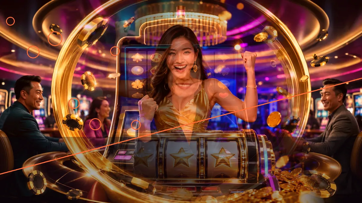 A composite illustration of an adult woman holding a tablet beside illuminated slot machines — L444 guide