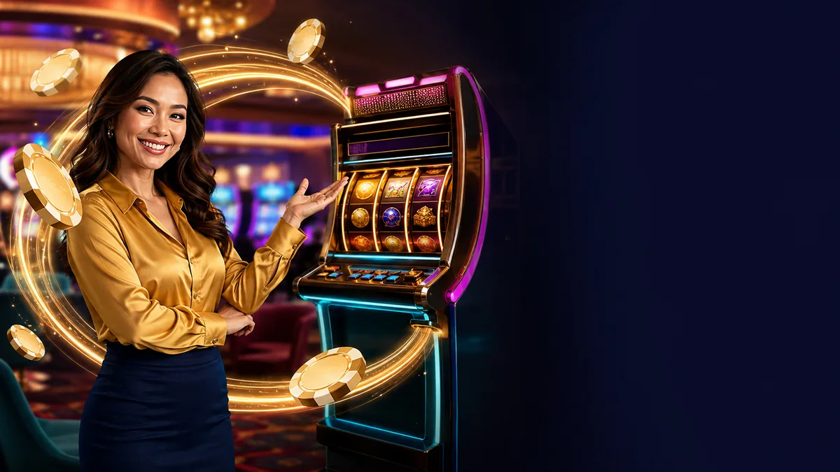 An adult woman in a yellow blouse beside a slot machine — L444 guide