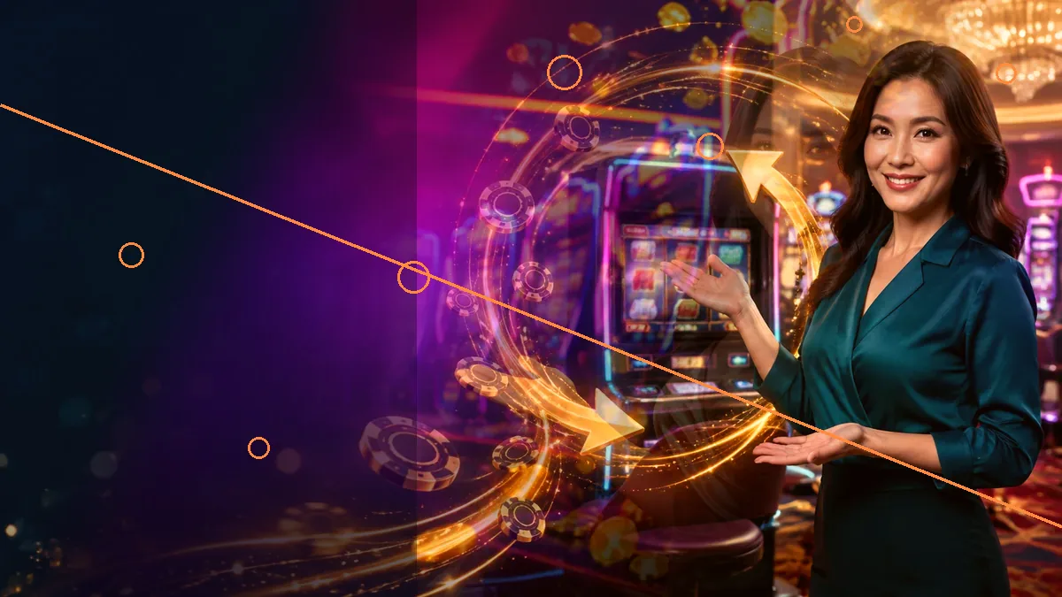 Adult woman in a dark teal jacket beside colourful machines and gold graphic effects — L444 guide