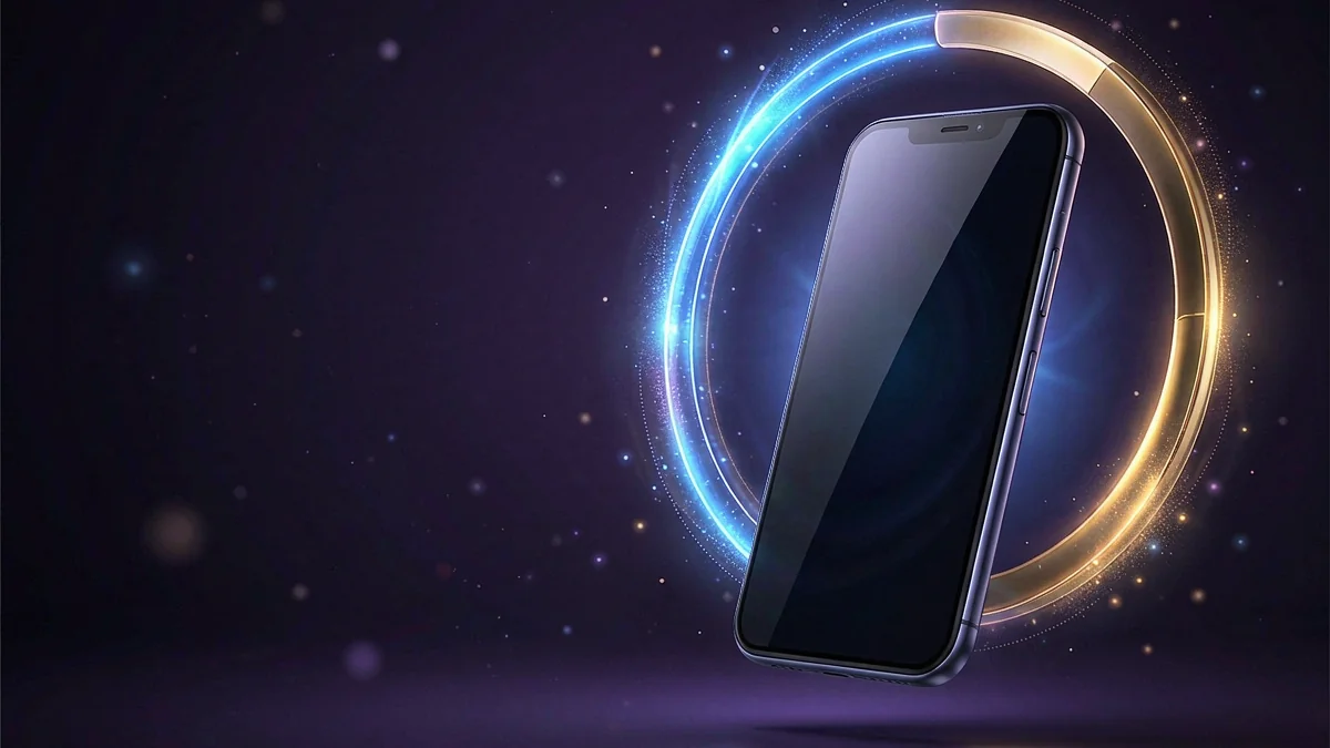 A dark smartphone framed by a glowing circular ring — L444 guide