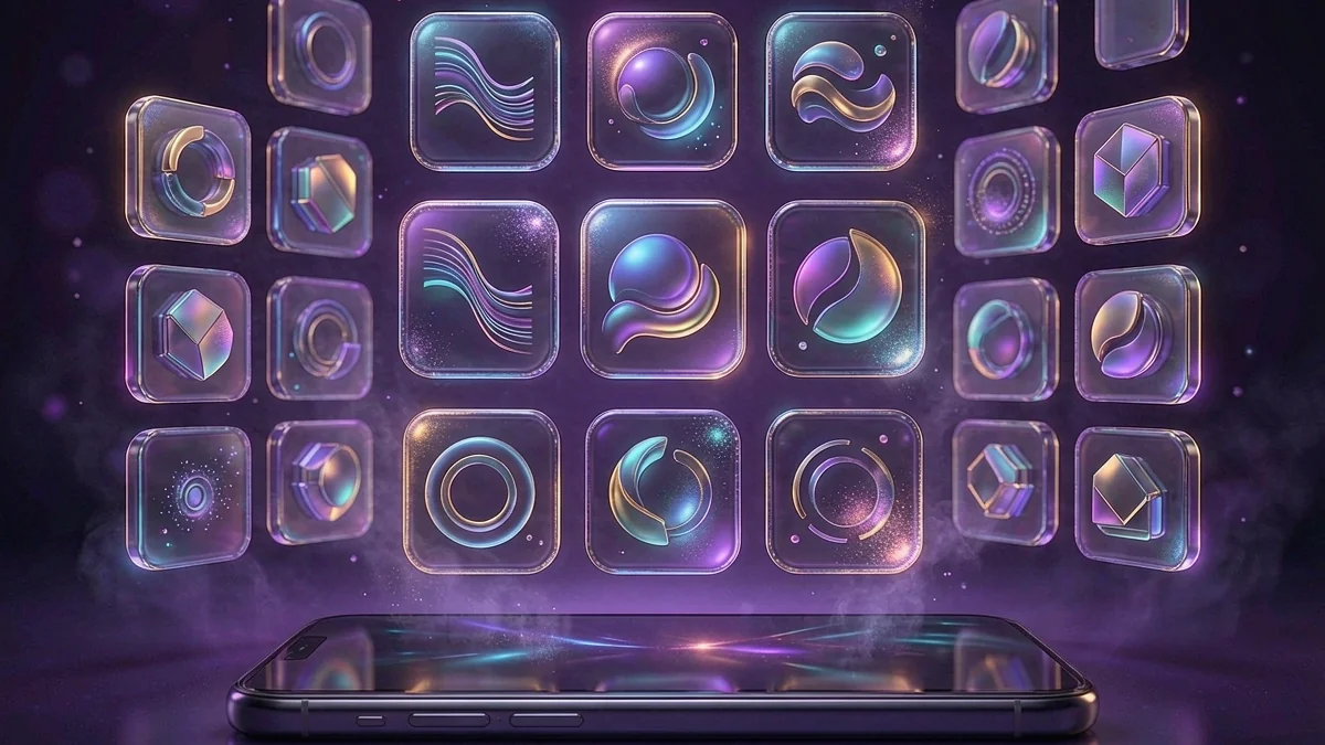 Grid of glowing abstract app icons above a dark tablet — L444 guide