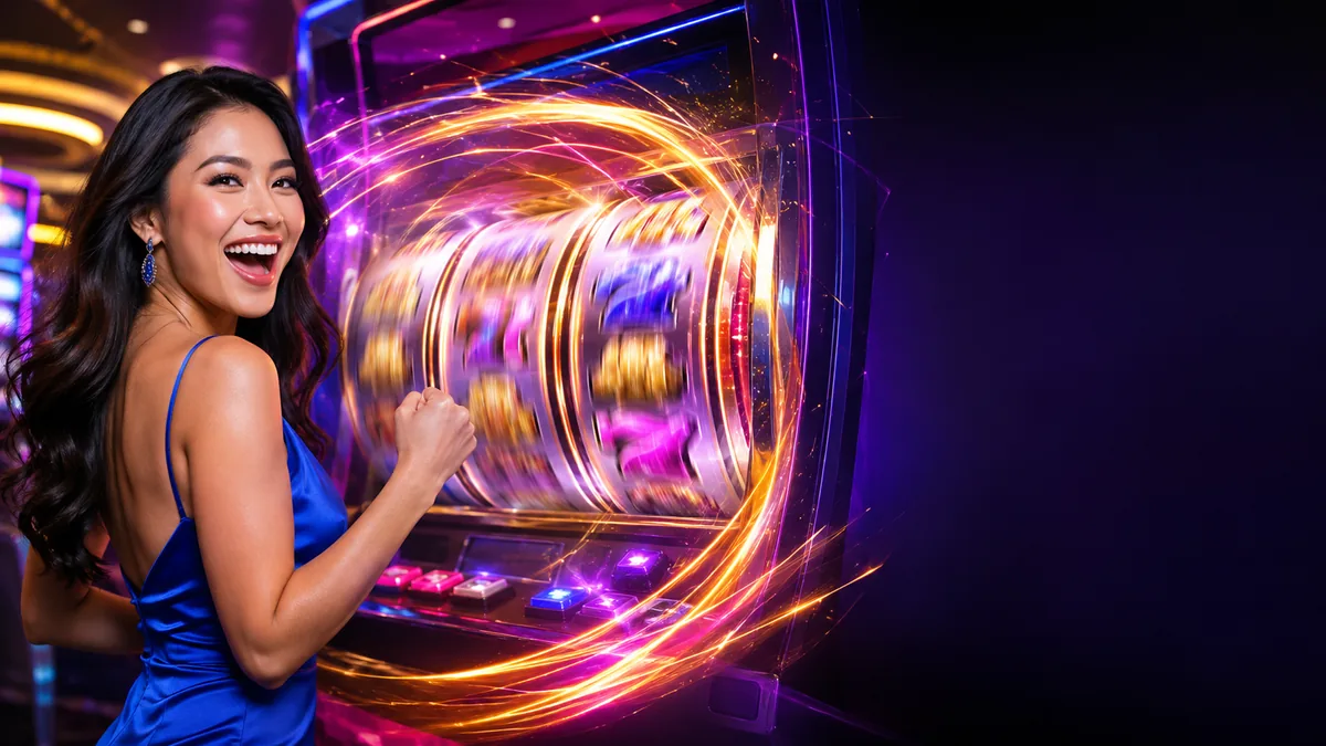 An adult woman in blue beside brightly lit casino machines — L444 guide