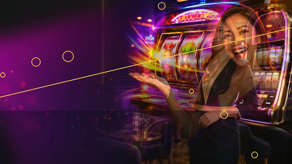 Adult woman in a pink dress beside illuminated machines and purple graphics — L444 guide