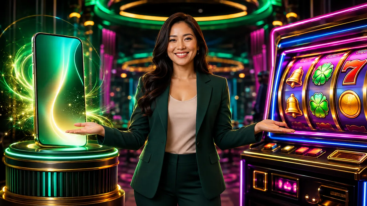 Adult woman beside neon slot machines and a glowing hourglass illustration — L444 guide