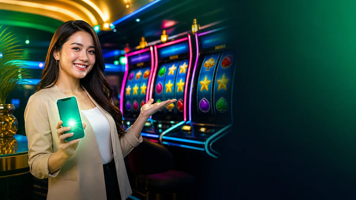 An adult woman holding a glowing phone beside casino machines — L444 guide