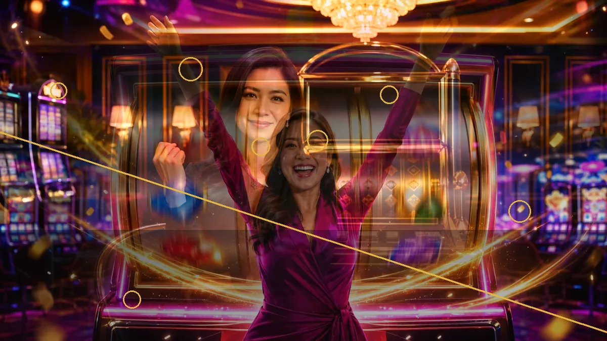 A composite illustration of an adult woman beside colourful slot machines — L444 guide