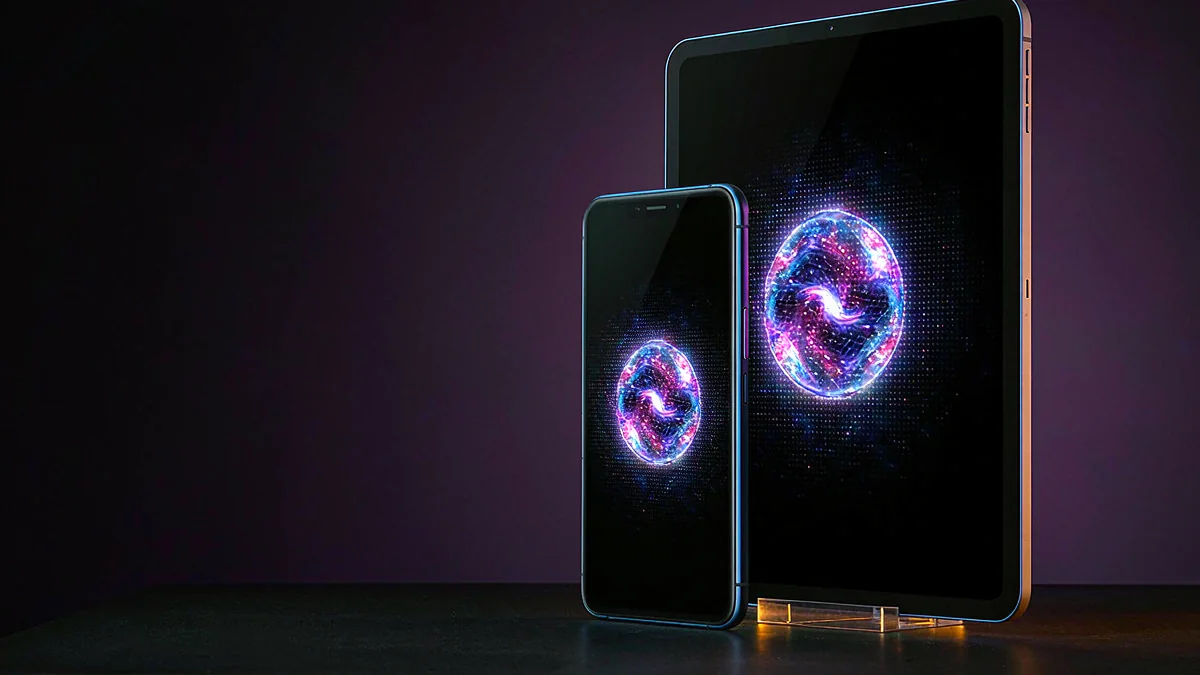 A smartphone and tablet displaying abstract glowing circular graphics — L444 guide