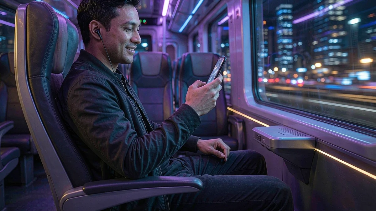An adult man using a smartphone beside a train window — L444 guide