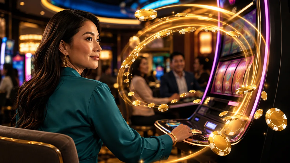 Adult woman beside a slot machine with a decorative golden coin trail — L444 guide