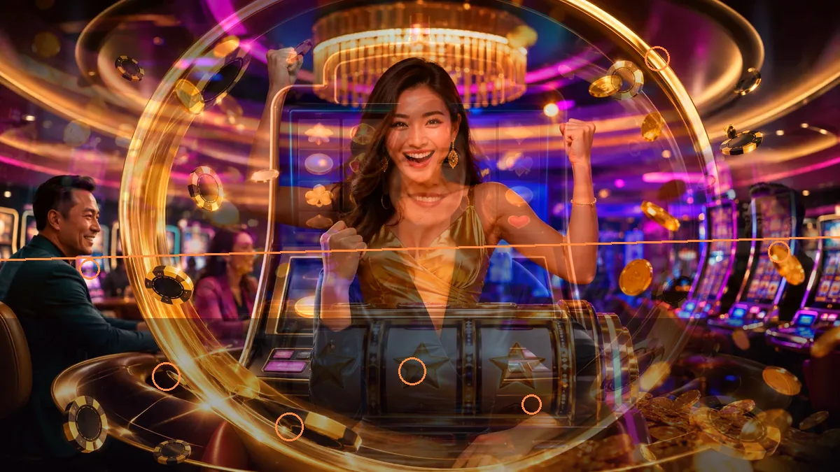 A composite illustration of an adult woman holding a tablet beside illuminated slot machines — L444 guide