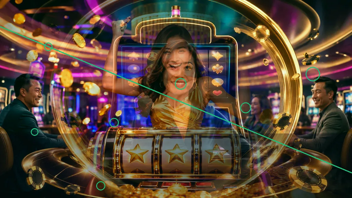 An adult woman behind a stylised slot-reel illustration in a casino setting — L444 guide