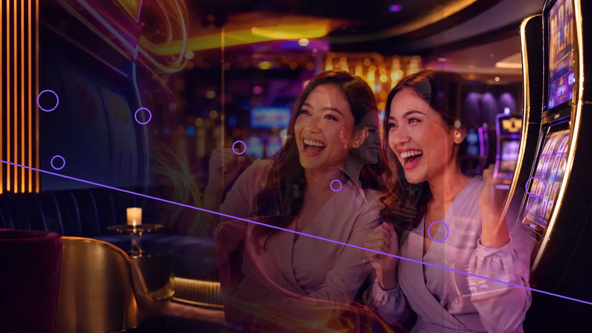 Two adult women beside slot machines under a dark graphic overlay — L444 guide