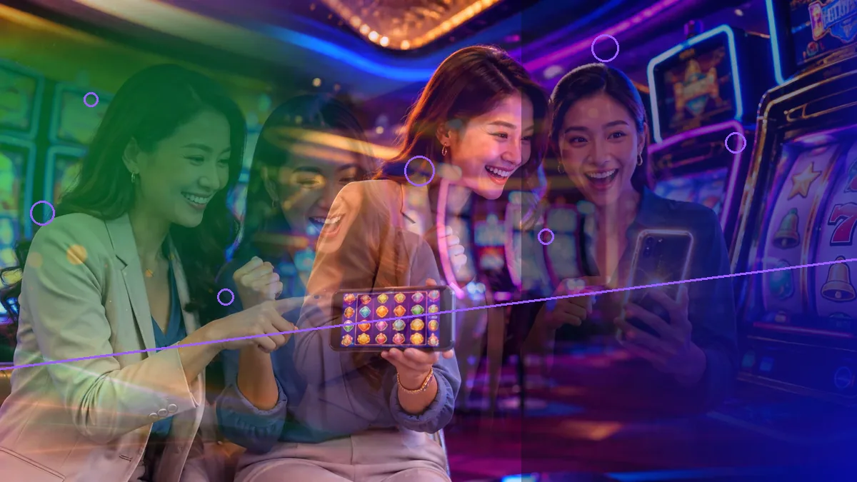Layered illustration of adult women with phones beside colourful slot machines — L444 guide