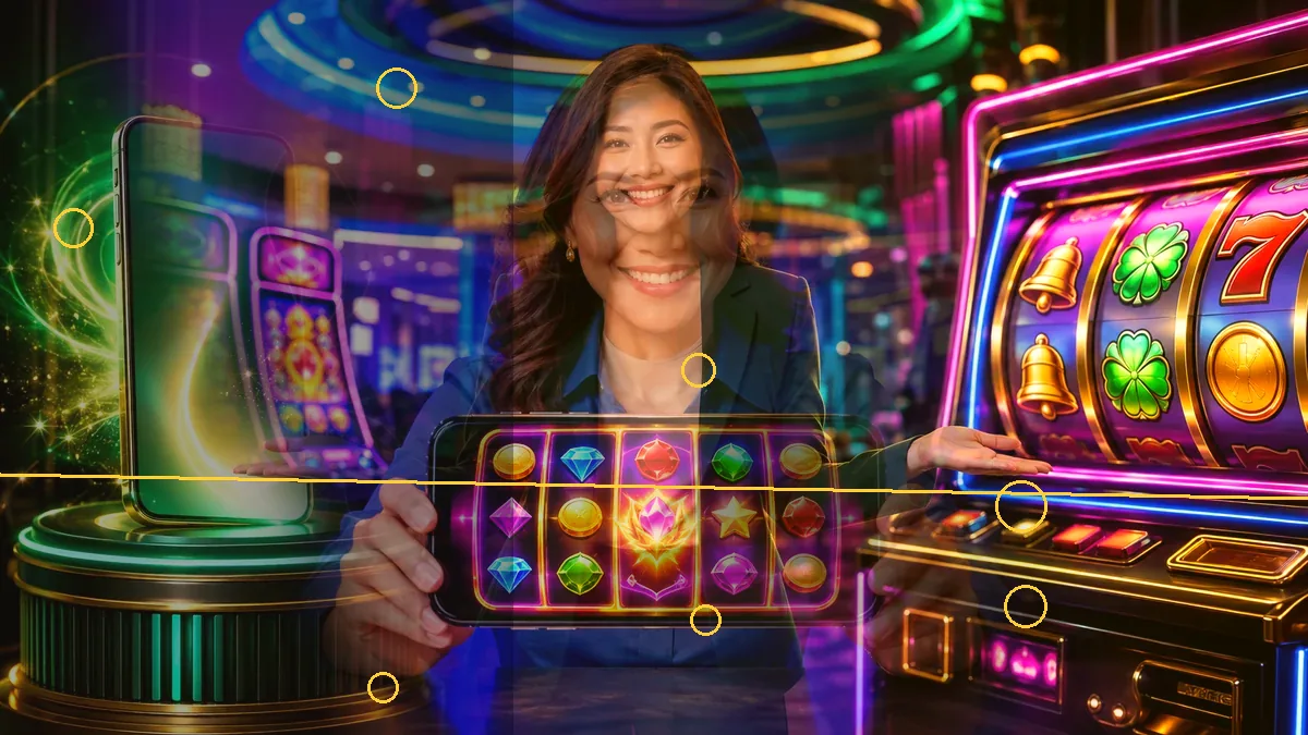 An adult woman holding a phone with a colourful slot-game illustration — L444 guide
