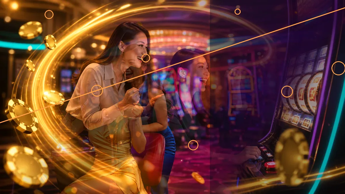 A composite illustration of an adult woman using a phone in a neon-lit casino setting — L444 guide