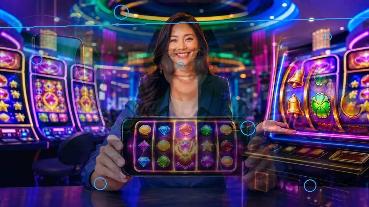 Adult woman holding a tablet displaying illustrated slot symbols — L444 guide