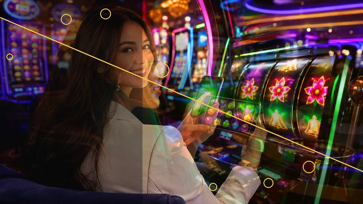 An adult woman holding a phone beside an illuminated slot machine — L444 guide