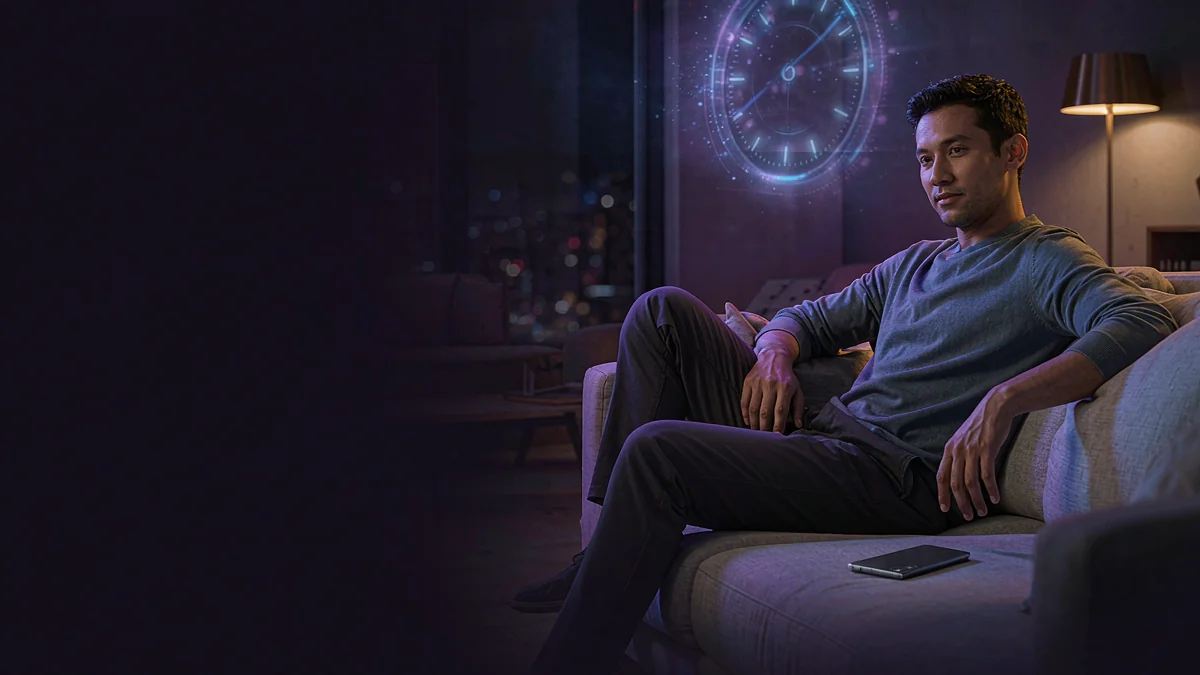 An adult man resting on a sofa beside a lamp — L444 guide