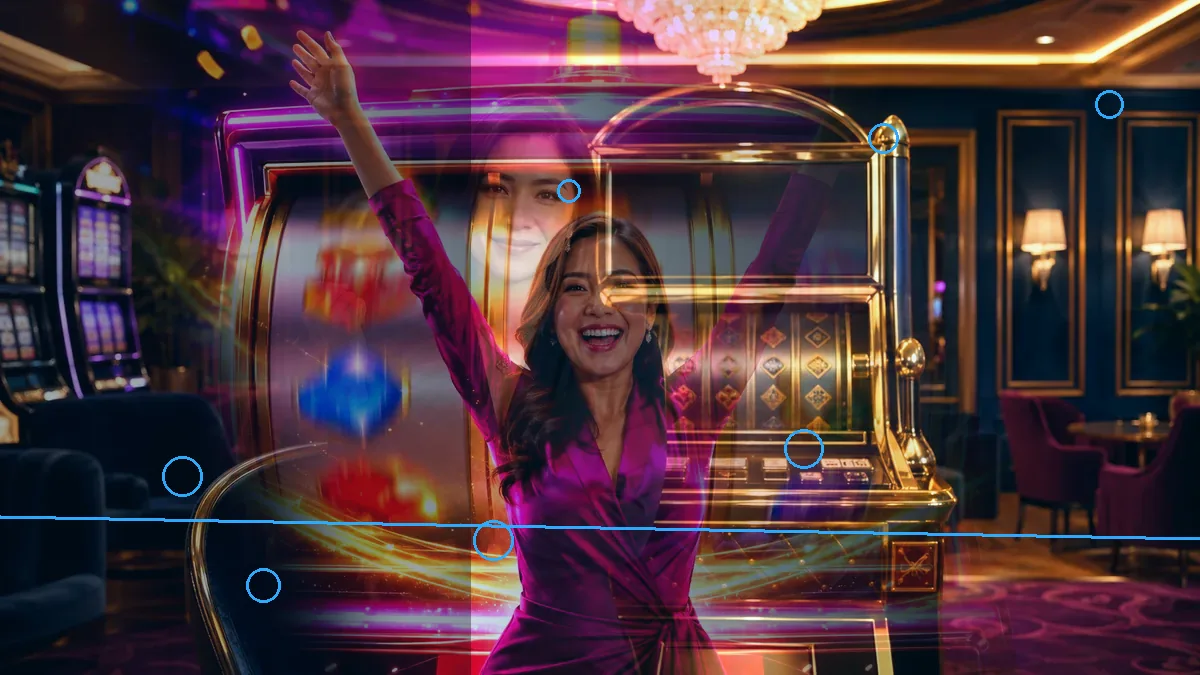 An adult woman raising her arms beside casino machines — L444 guide