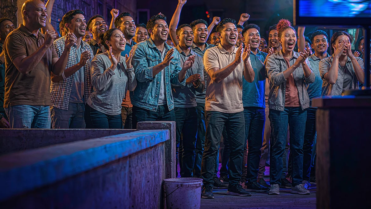 A group of adult spectators cheering behind a railing — L444 guide