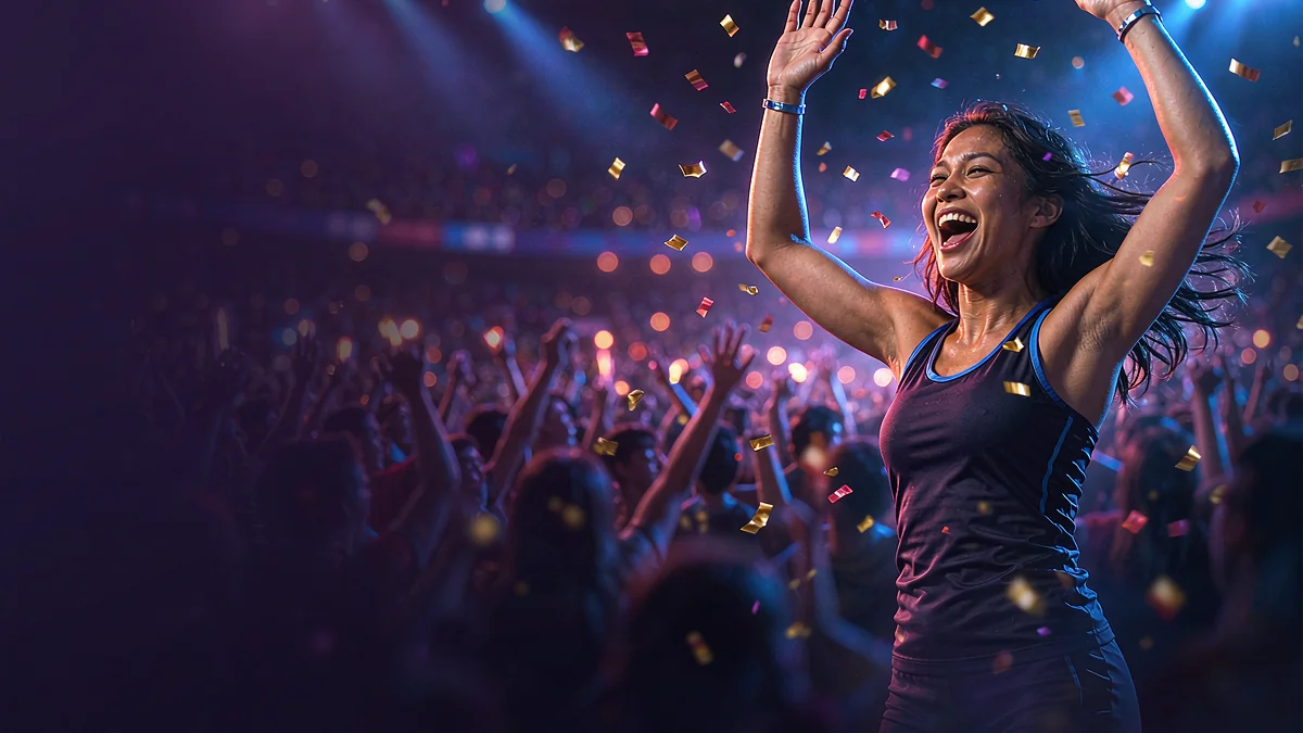 An adult woman cheering in a stadium crowd — L444 guide
